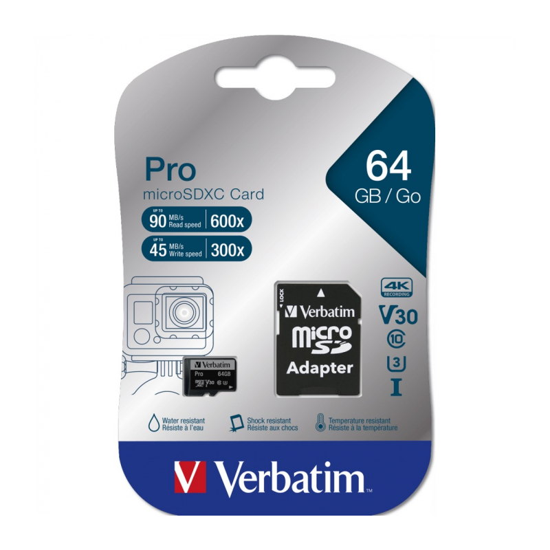 Карта памяти Verbatim microSDXC PRO Class 10 UHS-1 Class 3 V30 90/45 MB/S 64GB  + SD adapter