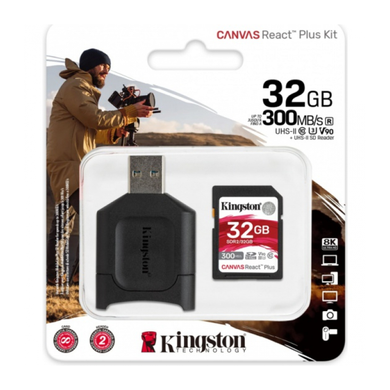 Карта Памяти 32Gb Kingston Canvas React Plus SDHC UHS-II U3 V90 + USB Reader (300/260 Mb/s)