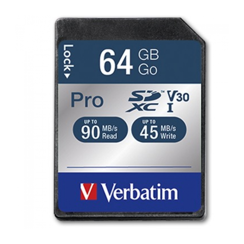 Карта памяти Verbatim SDXC PRO Class 10 UHS-1 Class 3 V30 90/45 MB/S 64GB
